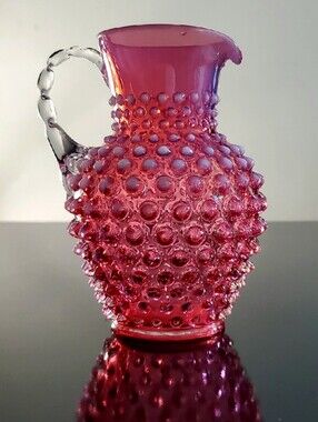 💗Fenton #389 Cranberry Opalescent Hobnail 6" Pitcher Jug Clear Applied Handle